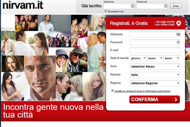 screenshot della homepage del sito di dating Nirvam